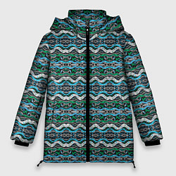 Куртка зимняя женская Голубые абстрактные волны, цвет: 3D-черный