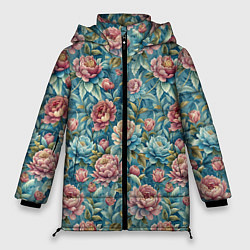 Куртка зимняя женская Пионы паттерном садовые крупные цветы, цвет: 3D-светло-серый