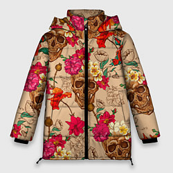 Куртка зимняя женская Черепа в цветах, цвет: 3D-черный