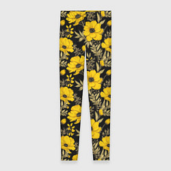 Леггинсы женские Желтые цветы на черном фоне паттерн, цвет: 3D-принт