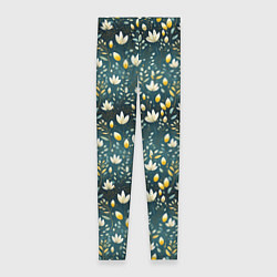 Леггинсы женские Цветочки на зеленом поле паттерн, цвет: 3D-принт
