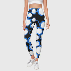 Леггинсы женские Бело-синие шестиугольники на чёрном фоне, цвет: 3D-принт — фото 2