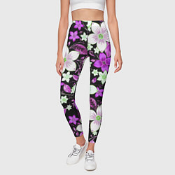 Леггинсы женские Фиолетово-белые цветы на чёрном фоне, цвет: 3D-принт — фото 2