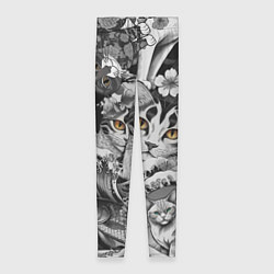 Женские легинсы С котами и рыбой на фоне сакуры в волнах