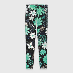 Женские легинсы Чёрный в зелёный цветочек стилизованный