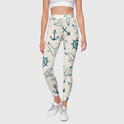 Леггинсы женские Морской паттерн из штурвалов, чаек и якорей, цвет: 3D-принт — фото 2