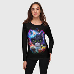 Лонгслив женский Космический котик и планеты, цвет: 3D-принт — фото 2