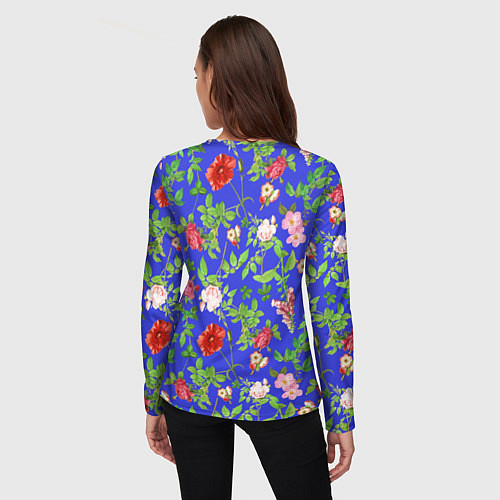 Женский лонгслив Цветочки - синий фон - паттерн / 3D-принт – фото 4