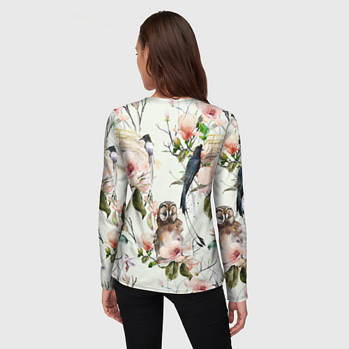 Женский лонгслив Цветы Нарисованные Магнолии и Птицы / 3D-принт – фото 4