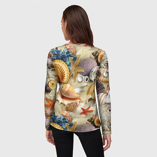 Женский лонгслив Морские раковины, кораллы, морские звёзды на песке / 3D-принт – фото 4