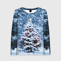 Женский лонгслив Новогодняя ёлка в лесу