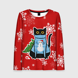 Лонгслив женский Котик в свитере с ёлочкой, цвет: 3D-принт