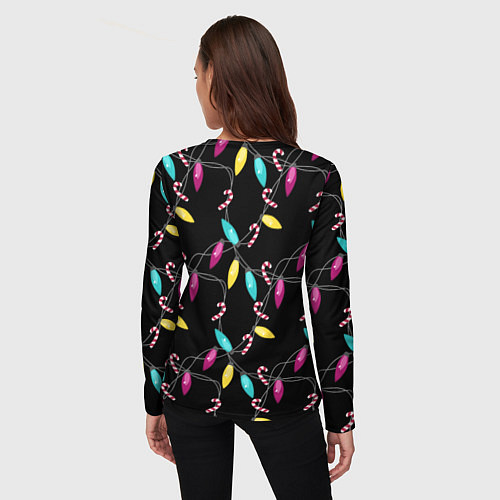 Женский лонгслив Новогодняя гирлянда черная / 3D-принт – фото 4