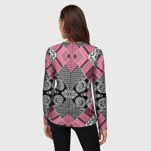 Женский лонгслив Геометрический розово-черный с белым узор / 3D-принт – фото 4
