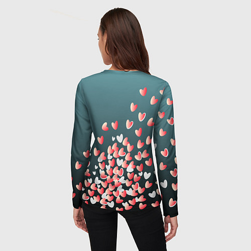 Женский лонгслив Падающие сердечки на зеленом фона / 3D-принт – фото 4