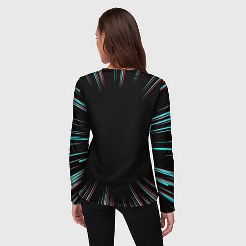 Женский лонгслив Символ Danganronpa в стиле glitch на темном фоне / 3D-принт – фото 4