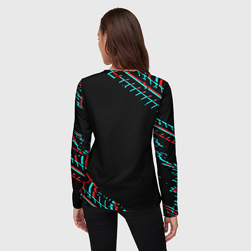 Женский лонгслив Значок Mitsubishi в стиле glitch на темном фоне / 3D-принт – фото 4