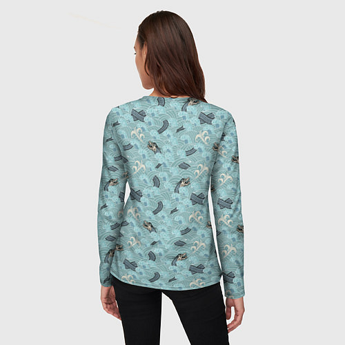 Женский лонгслив Японский дракон на волнах паттерн / 3D-принт – фото 4