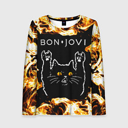 Лонгслив женский Bon Jovi рок кот и огонь, цвет: 3D-принт