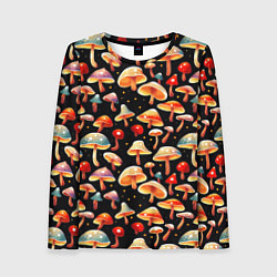 Лонгслив женский Разноцветный грибной паттерн, цвет: 3D-принт