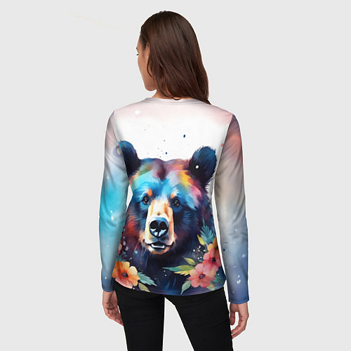 Женский лонгслив Портрет медведя гризли с цветами акварелью / 3D-принт – фото 4