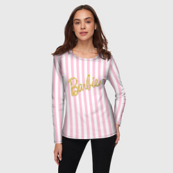Лонгслив женский Barbie - золотая надпись и бело-розовые полосы, цвет: 3D-принт — фото 2