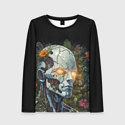 Женский лонгслив Киборг с треснувшей головой и растениями со светящ