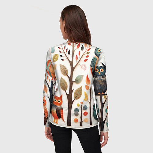 Женский лонгслив Совы в осеннем лесу в стиле фолк-арт / 3D-принт – фото 4