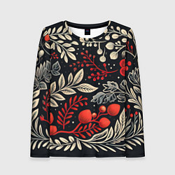 Женский лонгслив Новогодние узоры и рябина