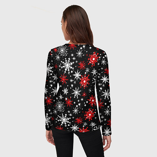 Женский лонгслив Белые и красные снежинки на черном фоне - нейросет / 3D-принт – фото 4