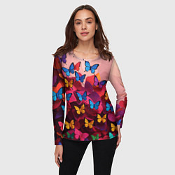 Лонгслив женский Разноцветные бабочки - розовые цветы, цвет: 3D-принт — фото 2