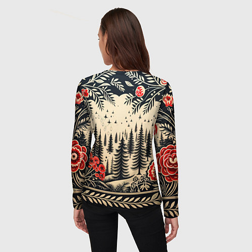 Женский лонгслив Новогодний лес с узорами / 3D-принт – фото 4