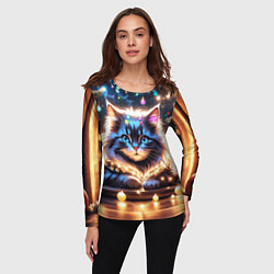Лонгслив женский Кот с гирляндой среди новогодних украшений, цвет: 3D-принт — фото 2