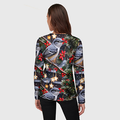 Женский лонгслив Рождественская птица пересмешник / 3D-принт – фото 4