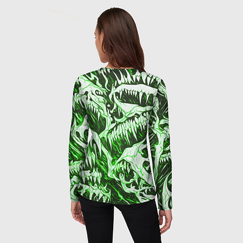 Женский лонгслив Белые клыки на зелёном фоне / 3D-принт – фото 4