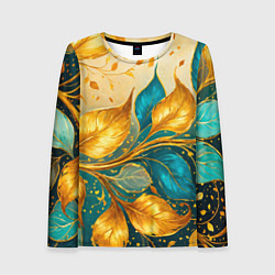 Лонгслив женский Листья абстрактные золото и бирюза, цвет: 3D-принт