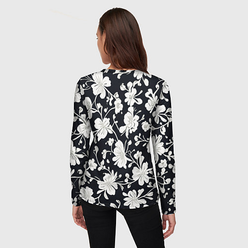 Женский лонгслив Патерн белых цветов на черном фоне / 3D-принт – фото 4