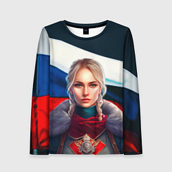 Лонгслив женский Блондинка с косами - флаг России, цвет: 3D-принт