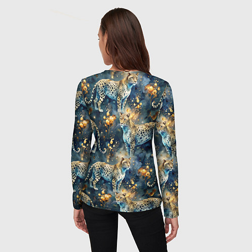Женский лонгслив Леопард и золотые капли на синем фоне / 3D-принт – фото 4