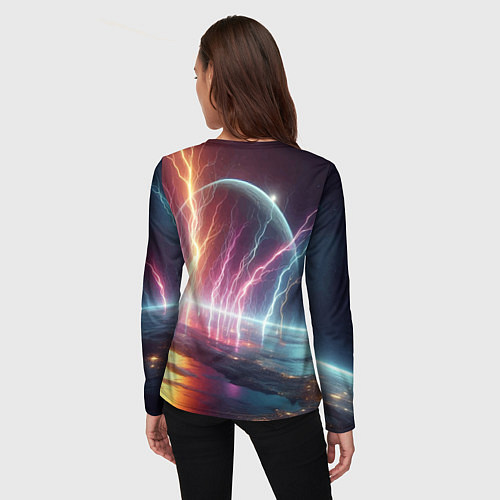 Женский лонгслив Неоновый космос - разряд молний / 3D-принт – фото 4