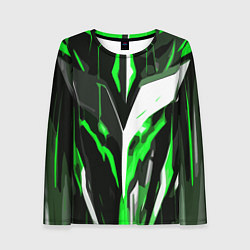Лонгслив женский Зелёно-белая абстракция и чёрный фон, цвет: 3D-принт