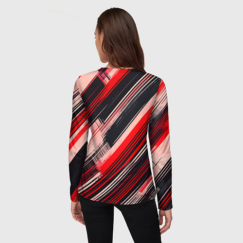 Женский лонгслив Красные диагональные полосы на чёрном фоне / 3D-принт – фото 4