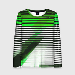 Лонгслив женский Зелёно-чёрные полосы на белом фоне, цвет: 3D-принт