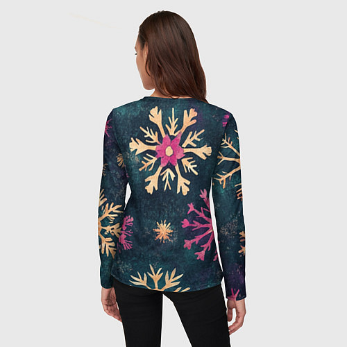Женский лонгслив Новогодние разноцветные снежинки / 3D-принт – фото 4
