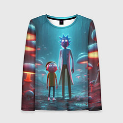 Лонгслив женский Морти и Рик в сказочном неоновом грибном лесу, цвет: 3D-принт