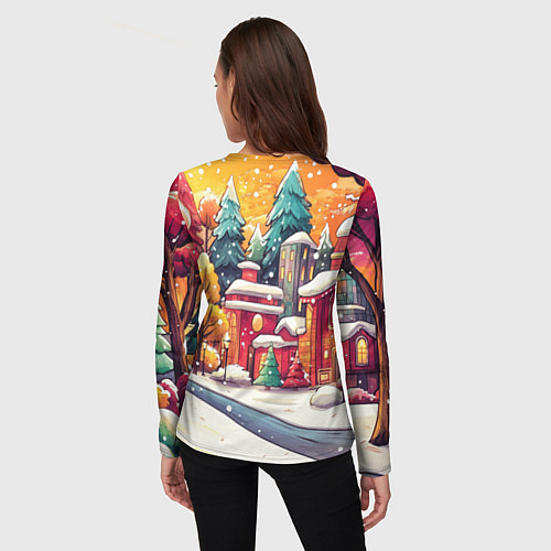 Женский лонгслив Новогодний город в оранжевых оттенках / 3D-принт – фото 4