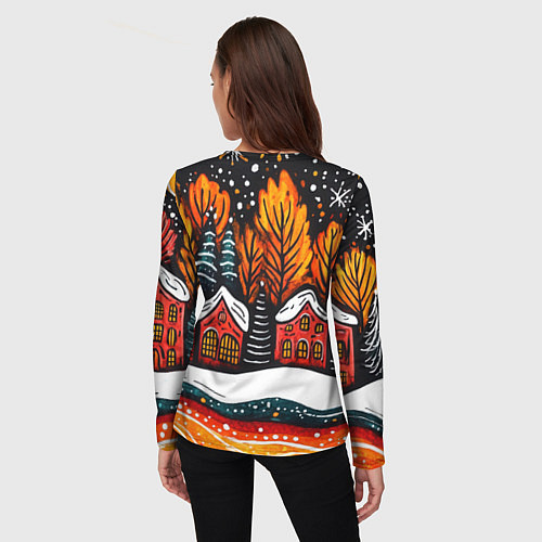 Женский лонгслив Новогоднее настроение - домики и елки / 3D-принт – фото 4