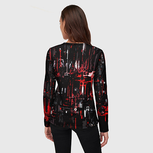 Женский лонгслив Бело-красная тревожная абстракция на чёрном фоне / 3D-принт – фото 4