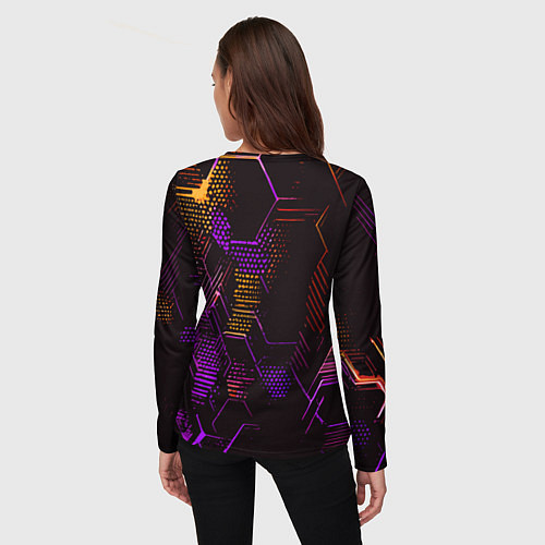 Женский лонгслив Жёлто-фиолетовые точки и линии на чёрном фоне / 3D-принт – фото 4