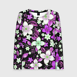 Лонгслив женский Фиолетово-белые цветы на чёрном фоне, цвет: 3D-принт